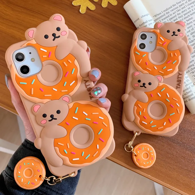 Fashions 3D Cute Cartoon Tasty Donuts Bear Phone Case For IPhone 13 12 11 Pro XR XSMax 7 8 Plus Key Ring Pendant Soft Back Cover