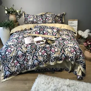 siyah kabarık yatak Suppliers-Amerika tarzı kabarık yorgan saten ev tekstili pamuk nevresim baskılı yatak takımları ile çiçek