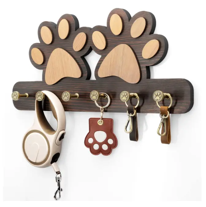 Rustikales Holz-Wandmontage-Hundeleine-Regal Schlüsselanhänger Hundeflosse-Leinshalter mit 5 Haken