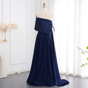 Elegante <span class=keywords><strong>vestido</strong></span> de noche árabe <span class=keywords><strong>azul</strong></span> <span class=keywords><strong>marino</strong></span> con hombros descubiertos con capa Dubai para mujer vestidos formales de fiesta de boda - Product Image 6