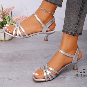 Sandalias de Mujer Talla Grande 35-42, Color Negro, Blanco y Plateado, Tacón Alto, con una Sola Tira - Product Image 4