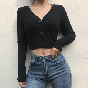 Top de Punto con Cuello en V Estilo Retro Europeo Americano para Mujer, Ajustado, con Botones, Manga Larga, Camiseta Corta, Moda Casual - Product Image 5