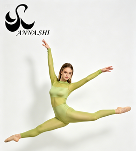 Justaucorps de danse pour femme adulte, vert matcha, entièrement en maille, à manches longues, avec découpe carrée au dos, pour entraînement et scène - Product Image 3
