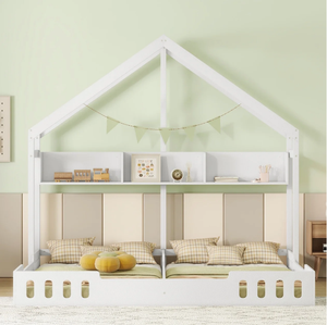 Cama de Madera para Dos Personas <span class=keywords><strong>con</strong></span> Techo, <span class=keywords><strong>Piso</strong></span> y Estantes, Barandillas, Cama Montessori para Dos Niños, para Niños y Niñas, Color Blanco Crema - Product Image 3