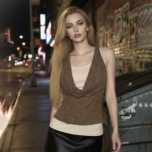 Top sin mangas marrón desgastado con cuello drapeado para mujer, chaleco informal de verano con patchwork en contraste - Product Image 4