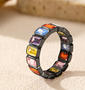 S925 Silver Geometric <b>Ring</b> Black Rhodium Plated Bezel Set <b>Crystal</b> Rhinestone Unisex Everyday Wear Trendy Gemstone Band - Product Image 5