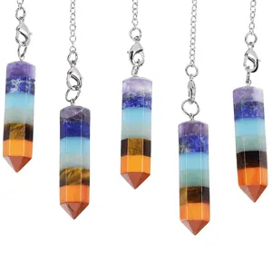 Wholesale Natural Assorted Gemstone Pendulum,Seven Chakra Charms Pointed Healing Pendulum,Hot Sale Fashion Chain Pendulum