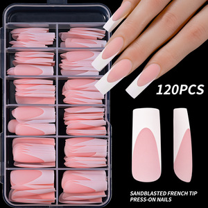 120 faux ongles à presser, design français, couvrance totale, nude, courts carrés, pour salon de manucure - Product Image 1