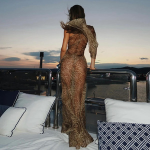 Leopard Print Sheer Off Shoulder Single Sleeve Slim Fit Long Dress For Evening Wear - Product Image 4