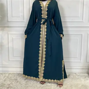 전통 이슬람 전면 오픈 abaya 황금 레이스 자수 액세서리 기모노 드레스