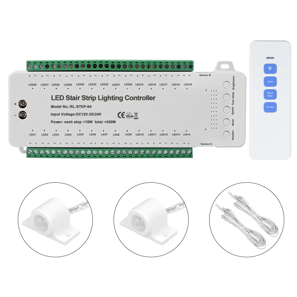 28 Steps Stair LED Strip Lighting Controller with Intelligent Motion Sensor Remote Controller for DIY Stair Lighting