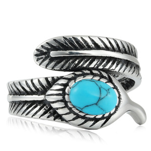 Men's Feather <b>Ring</b> Turquoise Stone Bezel Setting Stainless Steel Punk Style Gift Jewelry 28mm - Product Image 1