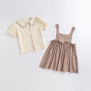 Kurzarmhemd mit Peter-Pan-Kragen + kariertes Latzkleid Set Sommer Baby Mädchen Kleidung - Product Image 3