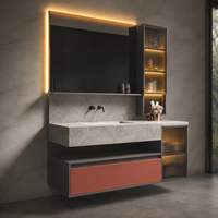 Meuble-lavabo flottant de luxe moderne avec vasque et miroir LED, armoire murale avec rangement en verre cannelé pour projets hôteliers