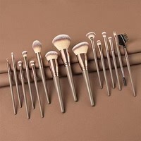 Set Kuas Makeup 15 Buah Warna Champagne Gold untuk Wajah & Eyeshadow, Bulu Sintetis Lembut, Kuas Makeup Artis Portabel