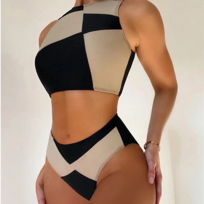 Bikini seksi kadınlar yüksek bel katı boyun mayo & beachwear spor yelek Bathers yüzme dalış ürünleri mayo