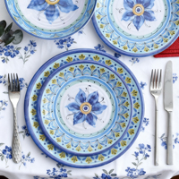 Vaisselle en céramique de qualité supérieure, design floral bleu, compatible lave-vaisselle, assiettes et bols