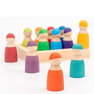 Minyatür gökkuşağı Peg bebek oyun aksiyon figürü ahşap insanlar rakamlar dekoratif eğitici oyuncak okul öncesi çocuklar için