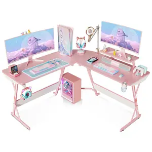 Bureau de jeu moderne en forme de L rose de 51 pouces Texture en fibre de carbone avec support de verre Support de moniteur Crochet pour casque d'écoute Gamers Utilisateurs d'ordinateur