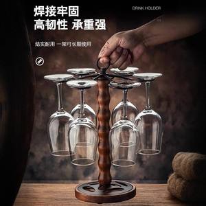 ที่วางแก้วไวน์ทองแดงโรมัน 6 แก้ว ฐานไม้เนื้อแข็ง ชั้นวางลวดเหล็ก สำหรับบาร์ในบ้าน ตกแต่งและจัดเก็บแก้วไวน์ - Product Image 1