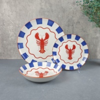 Service de table en porcelaine bleu et rouge 18 pièces avec motif imprimé – Magnifique design pour les fêtes
