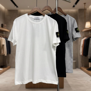 T-shirt en coton pour homme, coupe classique, col rond, manches courtes, couleur unie, style décontracté, logo sur la manche gauche - Product Image 6