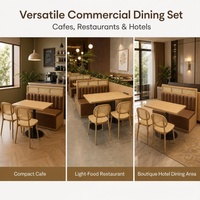Moderne commerciële restaurantbankset met houten tafelblad, metalen frame en rotan rugleuning voor hotel, eetcafé en bistro.