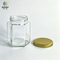 Pot en verre hexagonal transparent de 300 ml avec couvercle à vis pour miel, confiture, sauce chili, emballage alimentaire