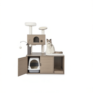 Arbre à chat moderne 2-en-1 avec enclos pour litière, griffoir pour chat d'intérieur, gris, 4 niveaux, en bois - Product Image 1