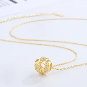 Fashionable 925 Sterling Silver Hollow Woven Ball 18k Gold Plated Pendant Bead Necklace For Women