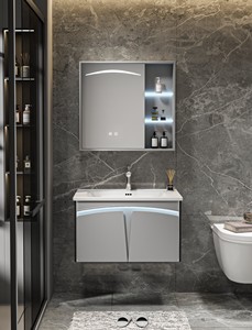 Set Moderno di Mobile <span class=keywords><strong>Bagno</strong></span> Grigio con Specchio Intelligente, Armadietto in Legno Massello Montato <span class=keywords><strong>a</strong></span> Parete con <span class=keywords><strong>Lavabo</strong></span> in Ceramica per Casa e Hotel - Product Image 6