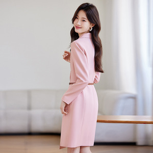 Pink Long Sleeve Dress For Women With Belt Office Wear Elegant Casual Style Natural Waistline Peak Lapels Buttons Breathable - Product Image 4
