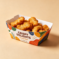 Boîte en carton à compartiments séparés, personnalisable, pour commandes en gros de snacks frits variés, destinée aux restaurants, buffets et traiteurs.