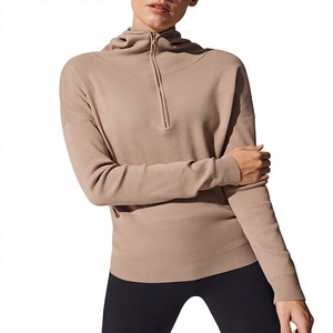 Pull en tricot à capuche beige pour femme, fermeture éclair, manches longues, décontracté, pour l'automne - Product Image 1