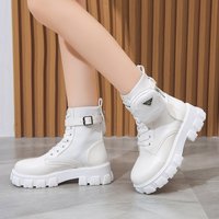 Sepatu bot musim dingin musim gugur wanita, dengan hak tebal kulit sapi sol atas PU pola Solid menambah tinggi fitur kehangatan nyaman
