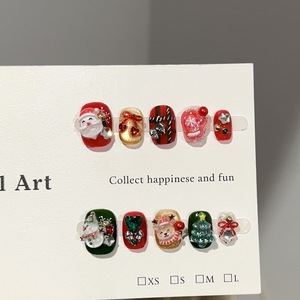 Faux ongles de Noël faits à la main, rouge et vert, décor bonhomme de neige et renne, couverture complète, portables, pour manucure de fêtes - Product Image 1