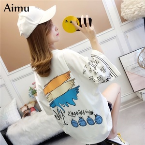 Camiseta de algodón extragrande para mujer, divertida, estampada, sin cuello, de media manga, tops de moda que combinan con todo - Product Image 3