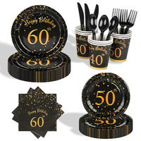 Ensemble de vaisselle jetable pour anniversaire 40, 50, 60 ans, noir et or, assiettes en papier, gobelets, serviettes, nappe, fournitures pour fête d'anniversaire pour adultes