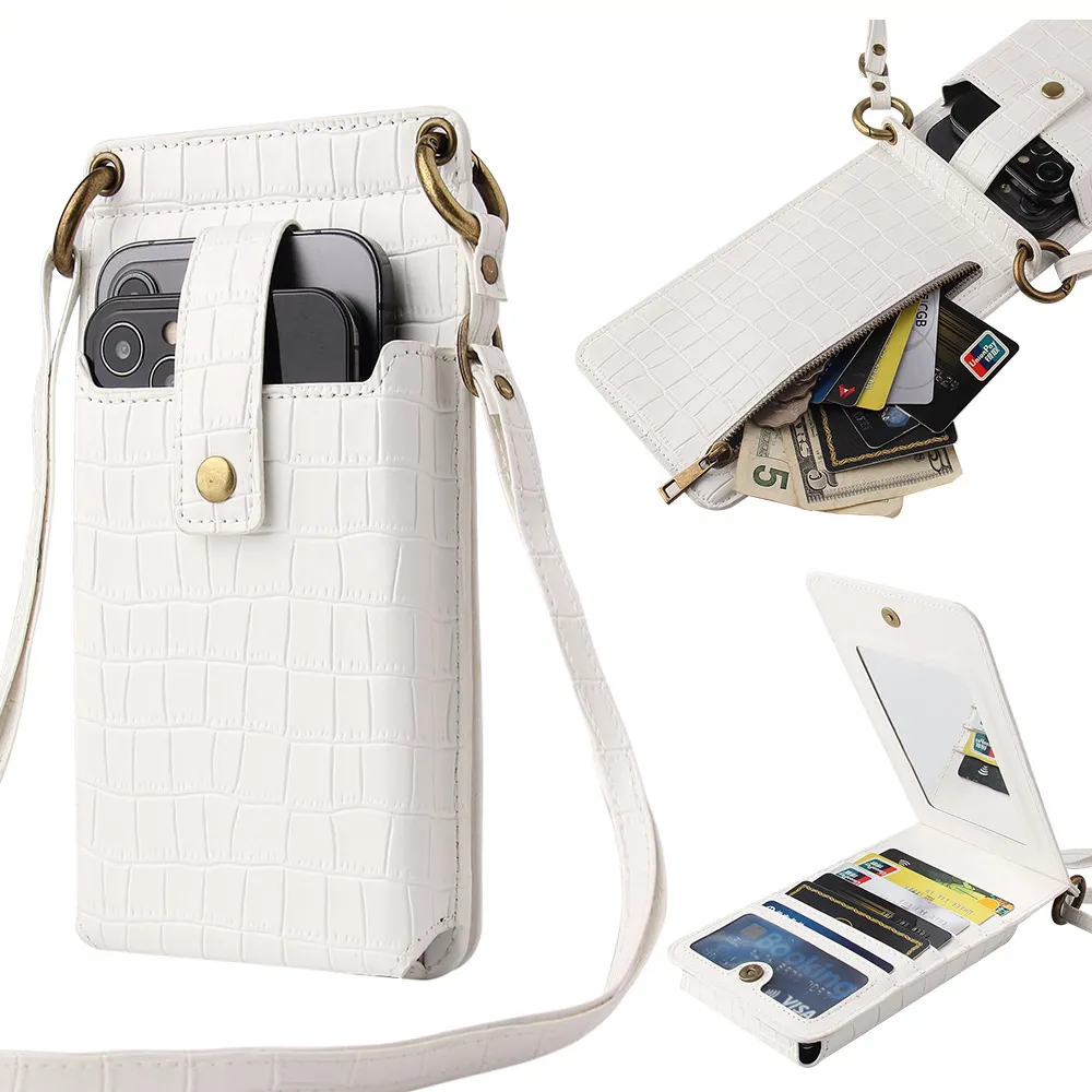 Kadınlar için moda cep telefonu çantası PU deri kart cüzdan ayna ile Crossbody su geçirmez cep telefonu çantası