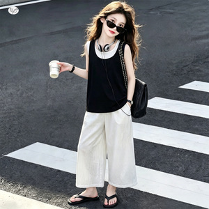 Completo Estivo 2026 Bicolore per <span class=keywords><strong>Bambina</strong></span>: Top Corto e <span class=keywords><strong>Pantaloni</strong></span> a Gamba Larga per Ragazze Più Grandi - Product Image 1