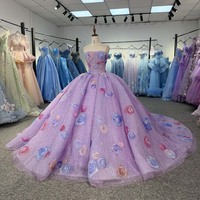 Gaun Quinceanera Jancember 6978 Glitter Lilac Ball Gown dengan Aplikasi Mawar, Bunga 3D, dan Ekor Tulle Berkilau