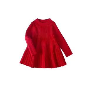सबसे अच्छी कीमत हॉट सेलिंग ओएम वसंत/शरद ऋतु की बेबी लड़कियों क्रू गर्दन लंबी आस्तीन लाल पोशाक ठोस कोला बुनाई