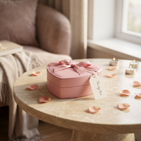 Boîte à bijoux en satin rose avec nœud en forme de cœur, boîte de rangement pour bague et collier, boîte d'emballage personnalisée pour cadeau de mariage