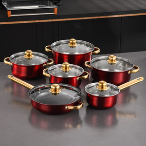 Ensemble de 12 ustensiles de cuisine antiadhésifs avec couvercles en verre, compatibles lave-vaisselle, casseroles et poêles en acier inoxydable coloré, poignées dorées - Product Image 5