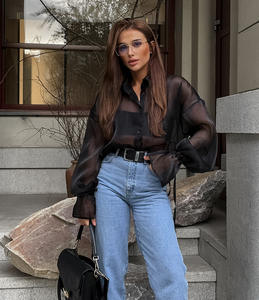 Camisa de malha preta, camisa elegante de manga lanterna solta, casaco de comprimento médio feminino - Product Image 3