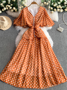 <span class=keywords><strong>Robe</strong></span> en mousseline de soie vintage à <span class=keywords><strong>pois</strong></span> rouges à manches évasées amincissante pour femmes Design d'été - Product Image 3