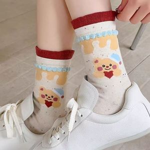 Japanese Cartoon Slouch Socks Women Mid-Calf Cotton Breathable Heart <b>Bear</b> Pattern Sweet School Style Lace Trimmed - Product Image 2