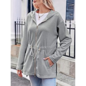 Sweat-shirt à capuche zippé pour femme, coupe oversize, manches longues, taille à cordon de serrage, fentes latérales, style tunique, tenue décontractée - Product Image 5