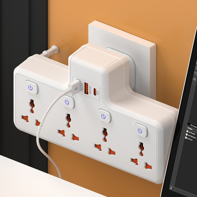 4 Outlets + 2 USB-A Ports + 1 PD + 2 QC 3.0 10A IP44 Plug with Socket Power Strip Wall Socket