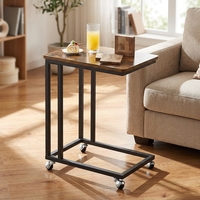 Table d'appoint moderne de luxe en métal et bois en forme de C avec roulettes réglables, meuble mobile et écologique pour salon et chambre à coucher